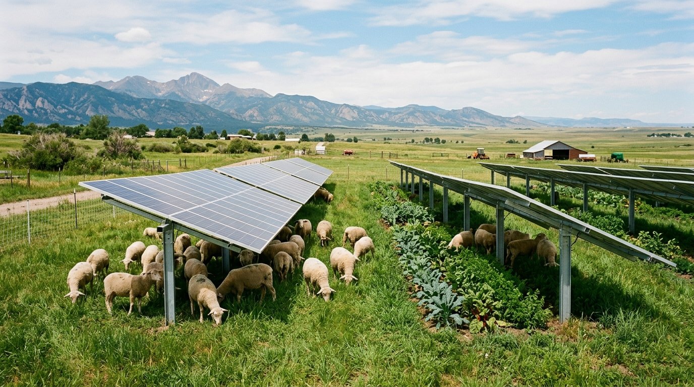 Sheep grazing beneath a row of ground mounted solar panels on Colorado farmland under a clear blue sky