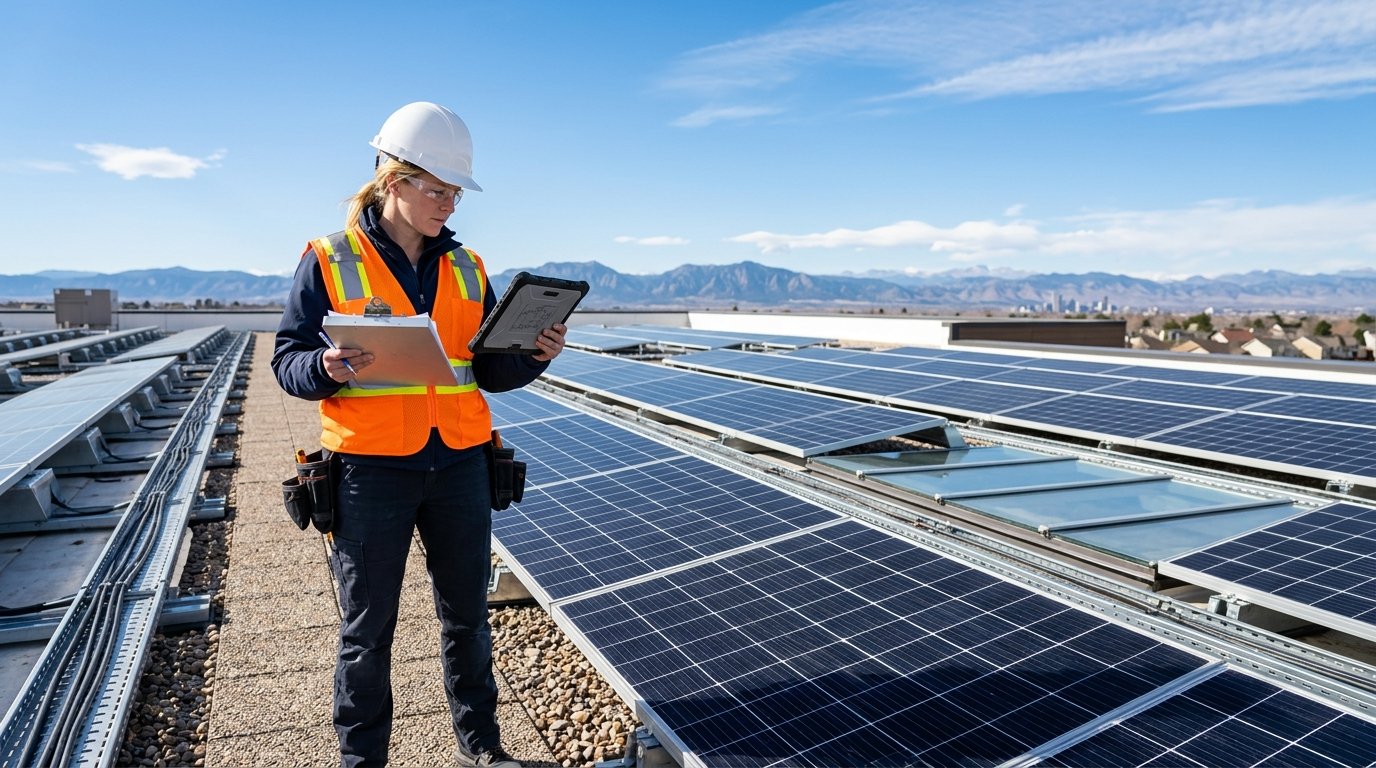Commercial solar installation on a flat Colorado warehouse roof with a project manager reviewing paperwork on a tablet
