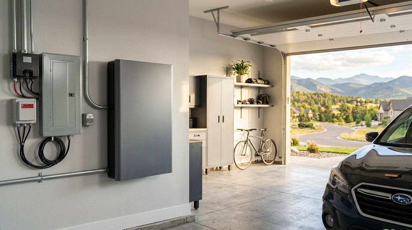 Home battery storage unit mounted in a Colorado garage with a digital energy meter showing peak and off-peak hours