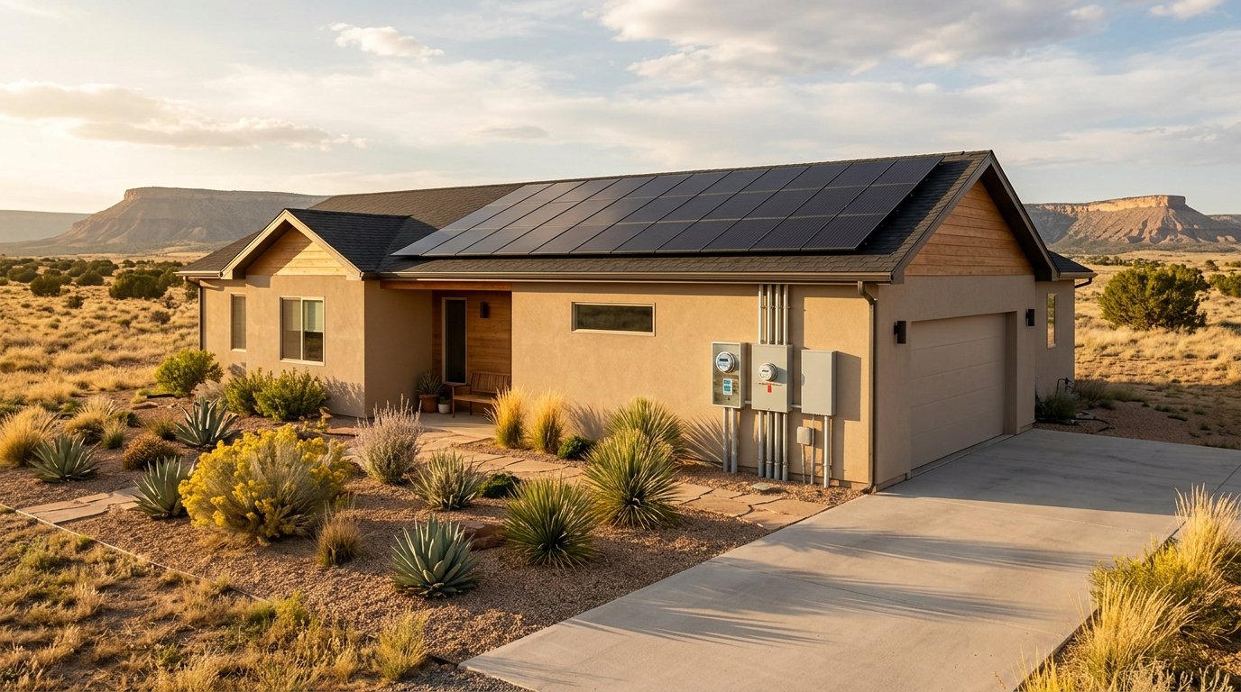 Rooftop solar panels on a southern Colorado home near Pueblo with electric meter and clear skies