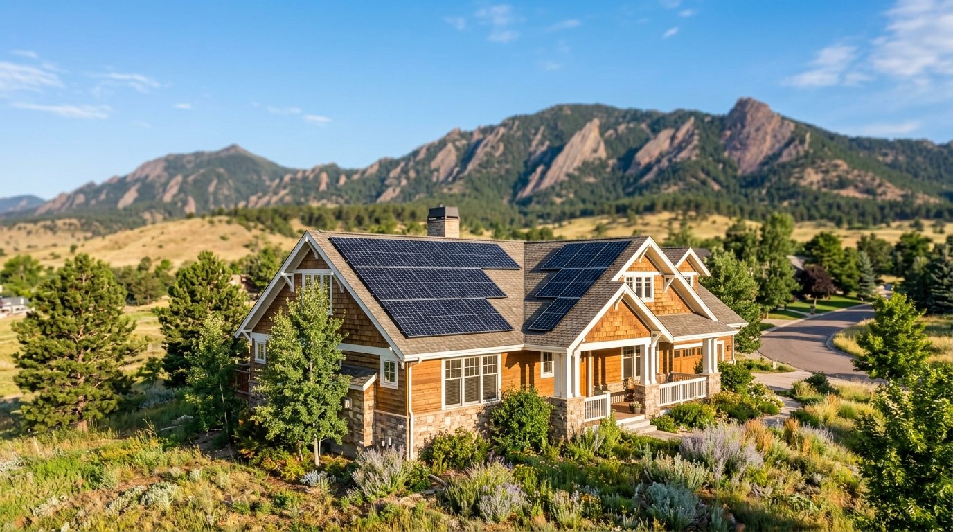 Rooftop solar panels on a Boulder Colorado home with the Flatirons foothills in the background under a clear blue sky
