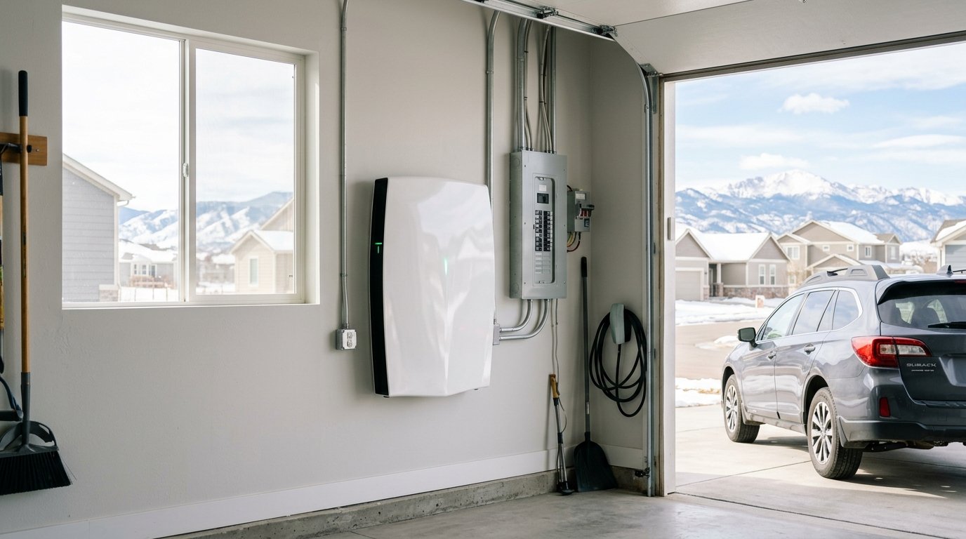 Wall-mounted home battery storage system installed in a Colorado garage next to an electrical panel