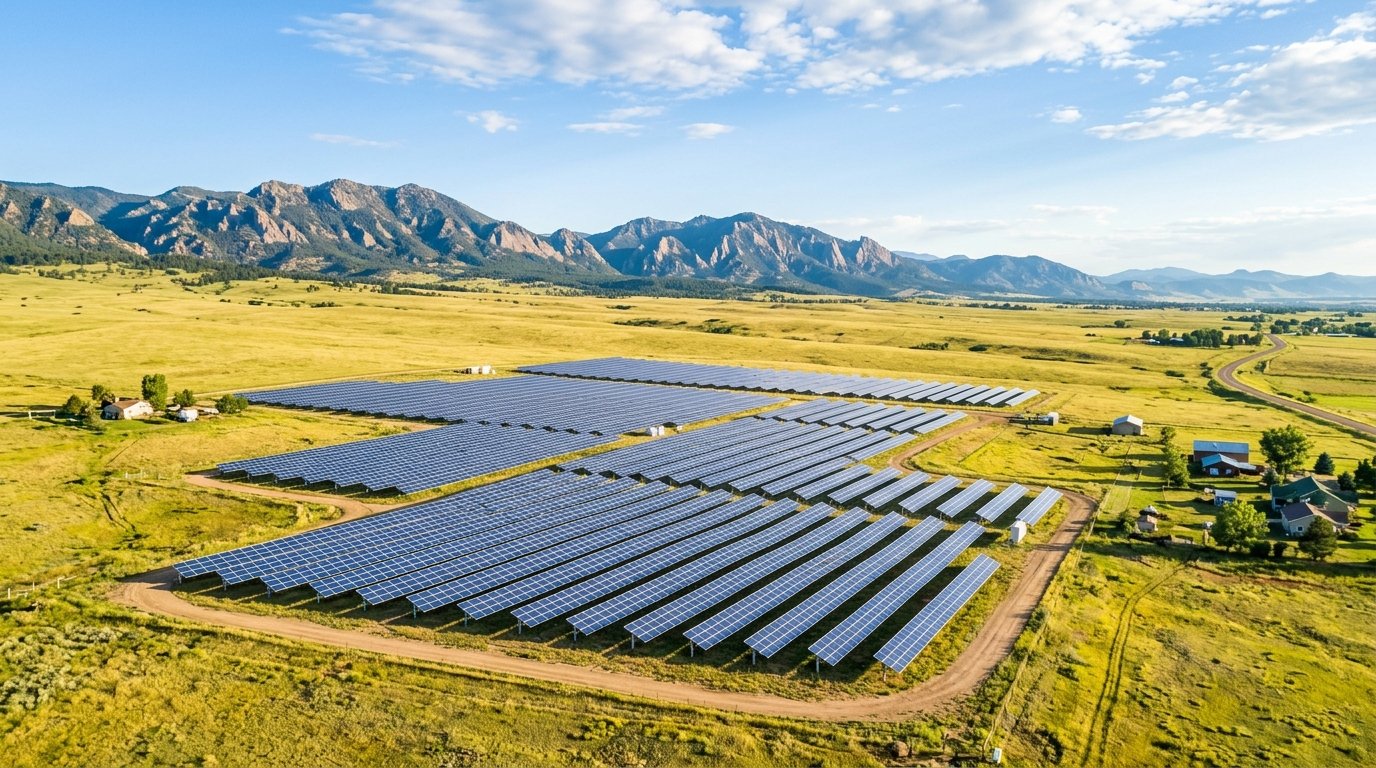 Aerial view of a community solar garden array in a Colorado field with the Front Range foothills behind it under clear skies