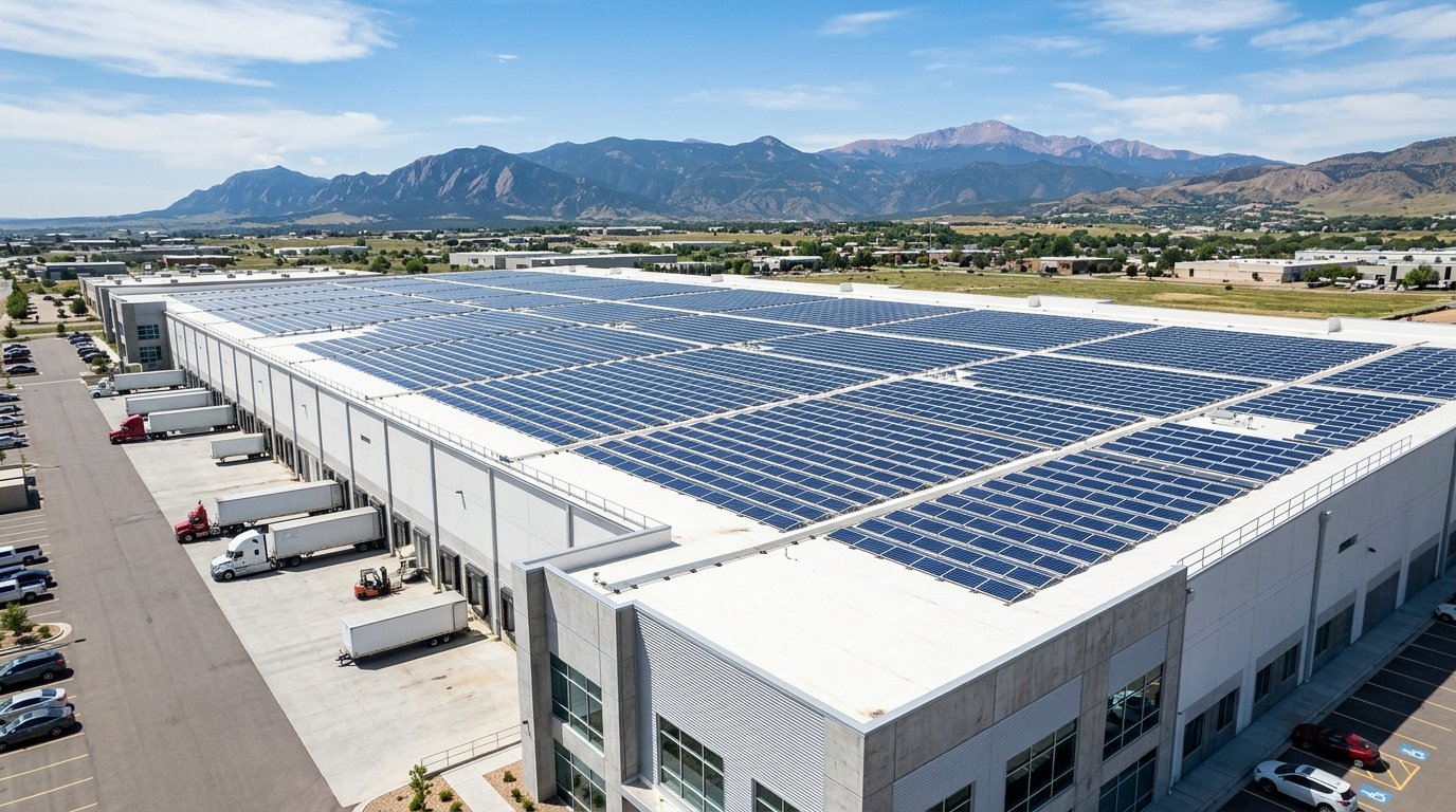 Commercial rooftop solar array on a Colorado warehouse with the Front Range foothills in the background under a bright blue sky