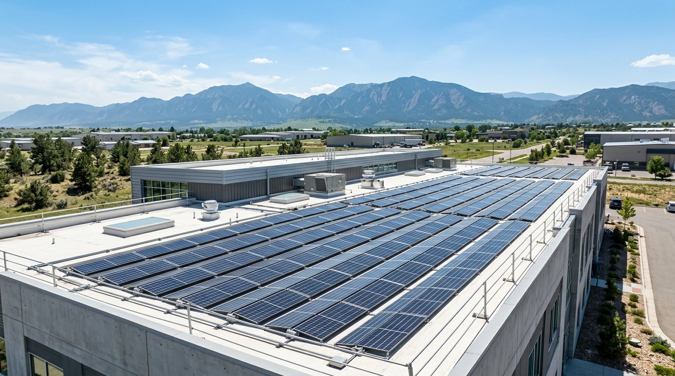 Commercial rooftop solar array on a Colorado business building under a bright blue sky