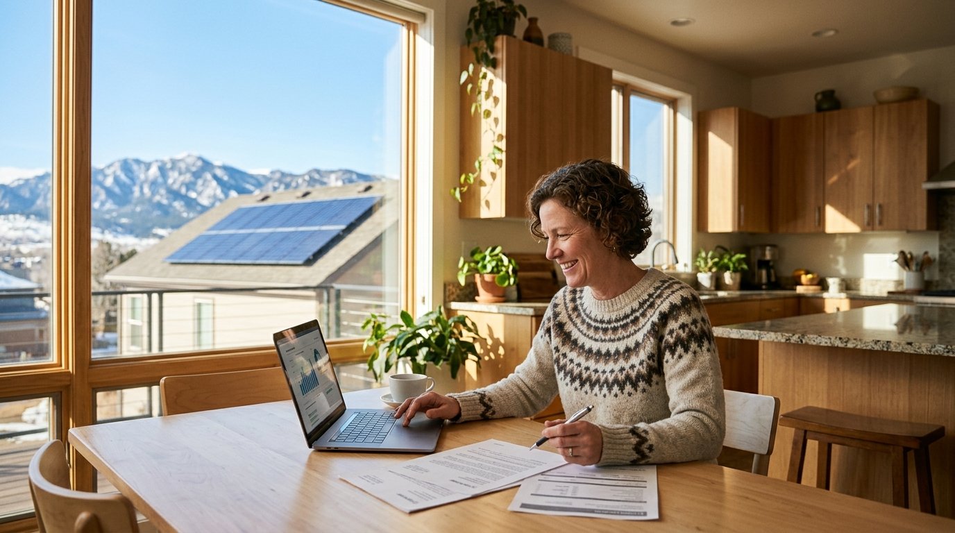 Colorado homeowner reviewing solar financing paperwork at a kitchen table with a rooftop solar array visible through the window