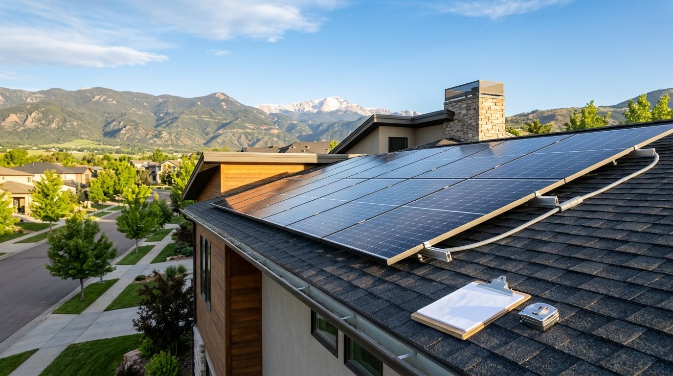 Solar panels on a Colorado rooftop with a Front Range neighborhood and foothills in the background