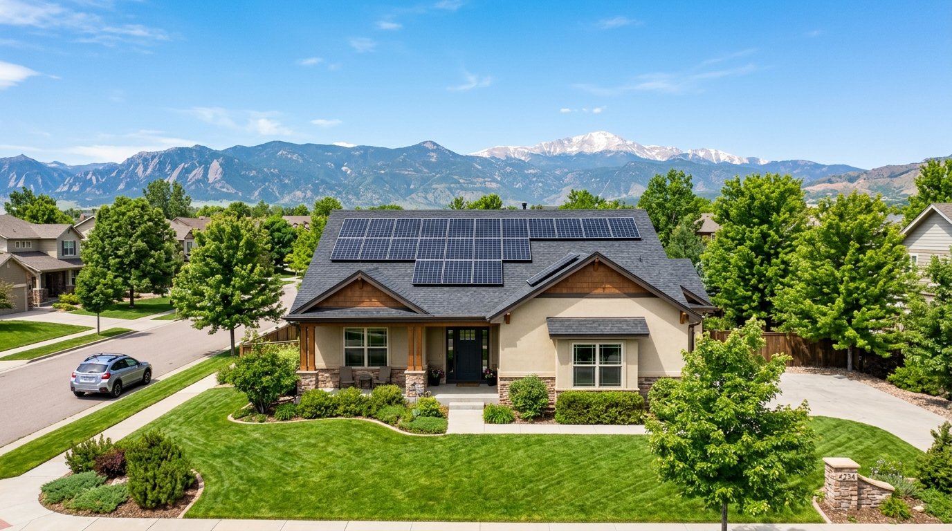 Colorado suburban home with rooftop solar panels and a clear Front Range mountain backdrop on a sunny day