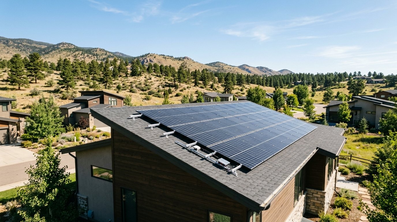 Rooftop solar panels on a Colorado home with the Front Range foothills in the background under a clear blue sky