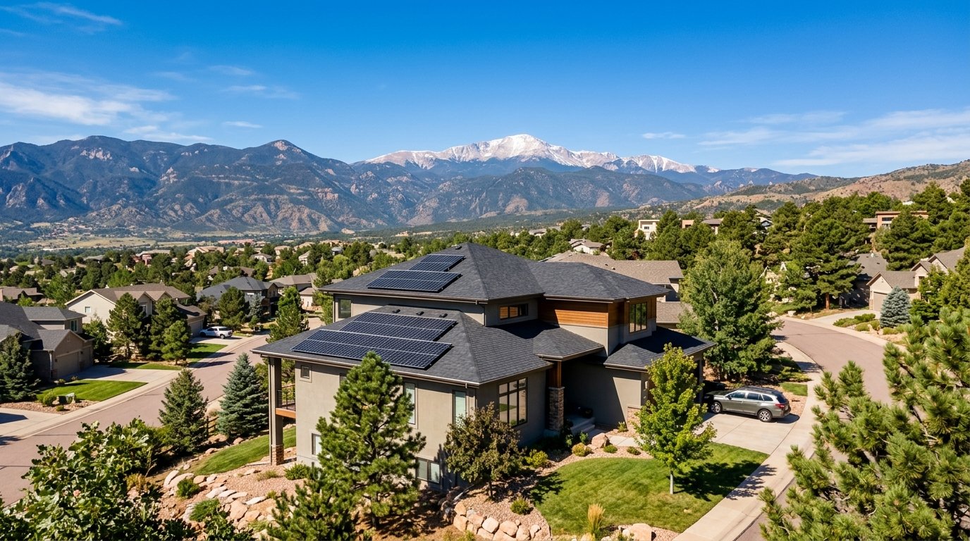 Rooftop solar panels on a Colorado Springs home with Pikes Peak in the background under a bright blue sky