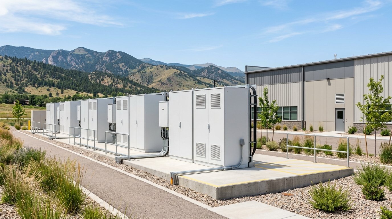 Commercial battery storage cabinets installed beside a Colorado business building under a clear Front Range sky