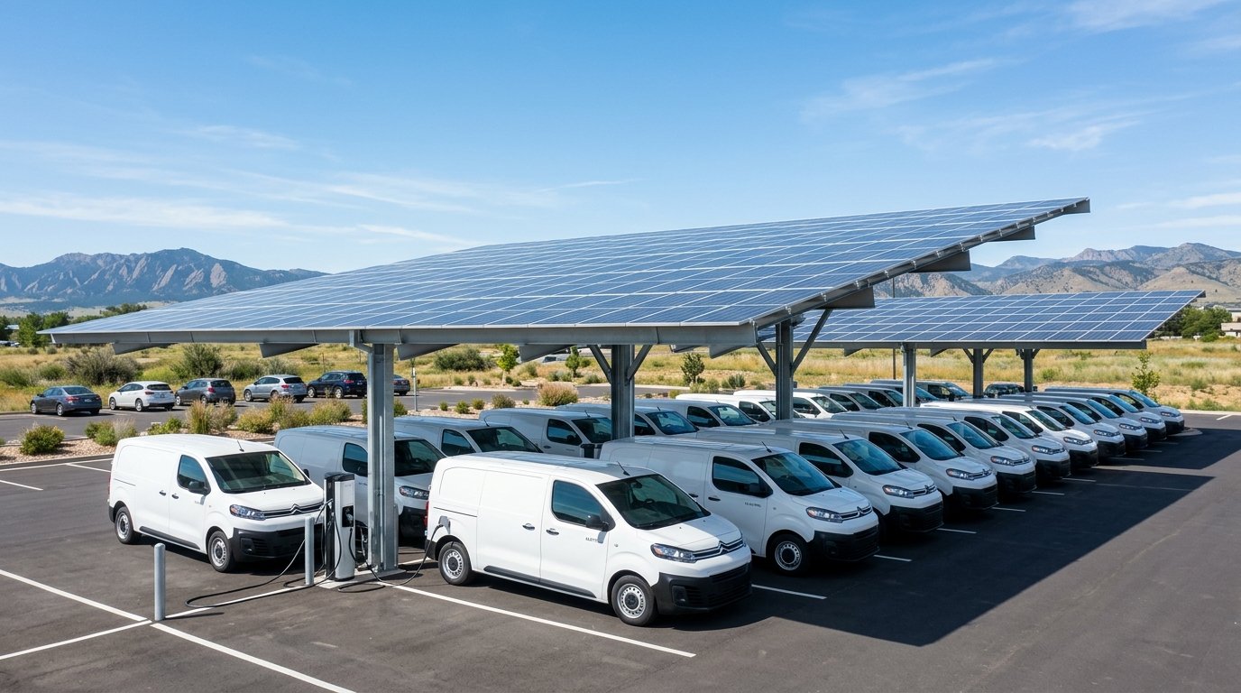 Row of electric delivery vans charging at a Colorado commercial parking lot under a solar canopy on a bright day