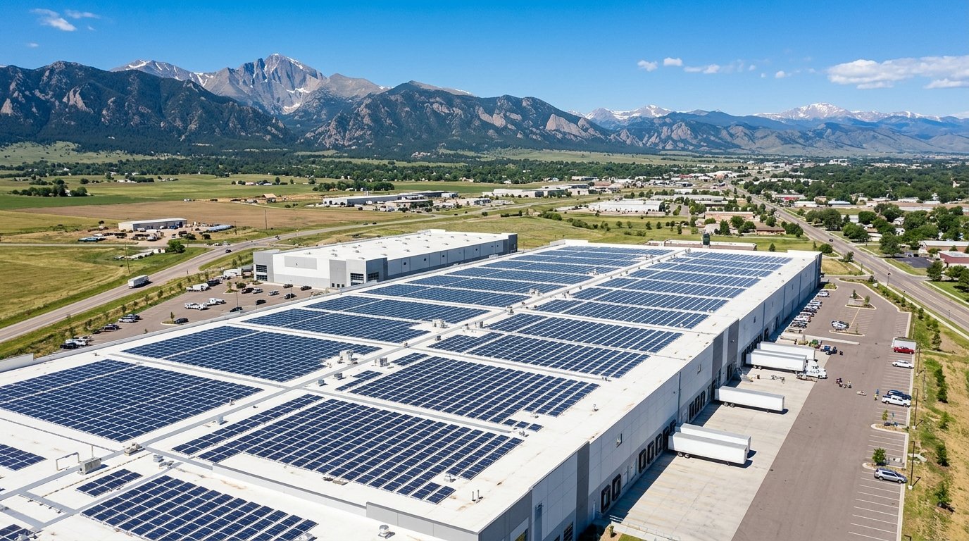 Rooftop solar array on a Colorado commercial warehouse with the Front Range in the background under a clear blue sky