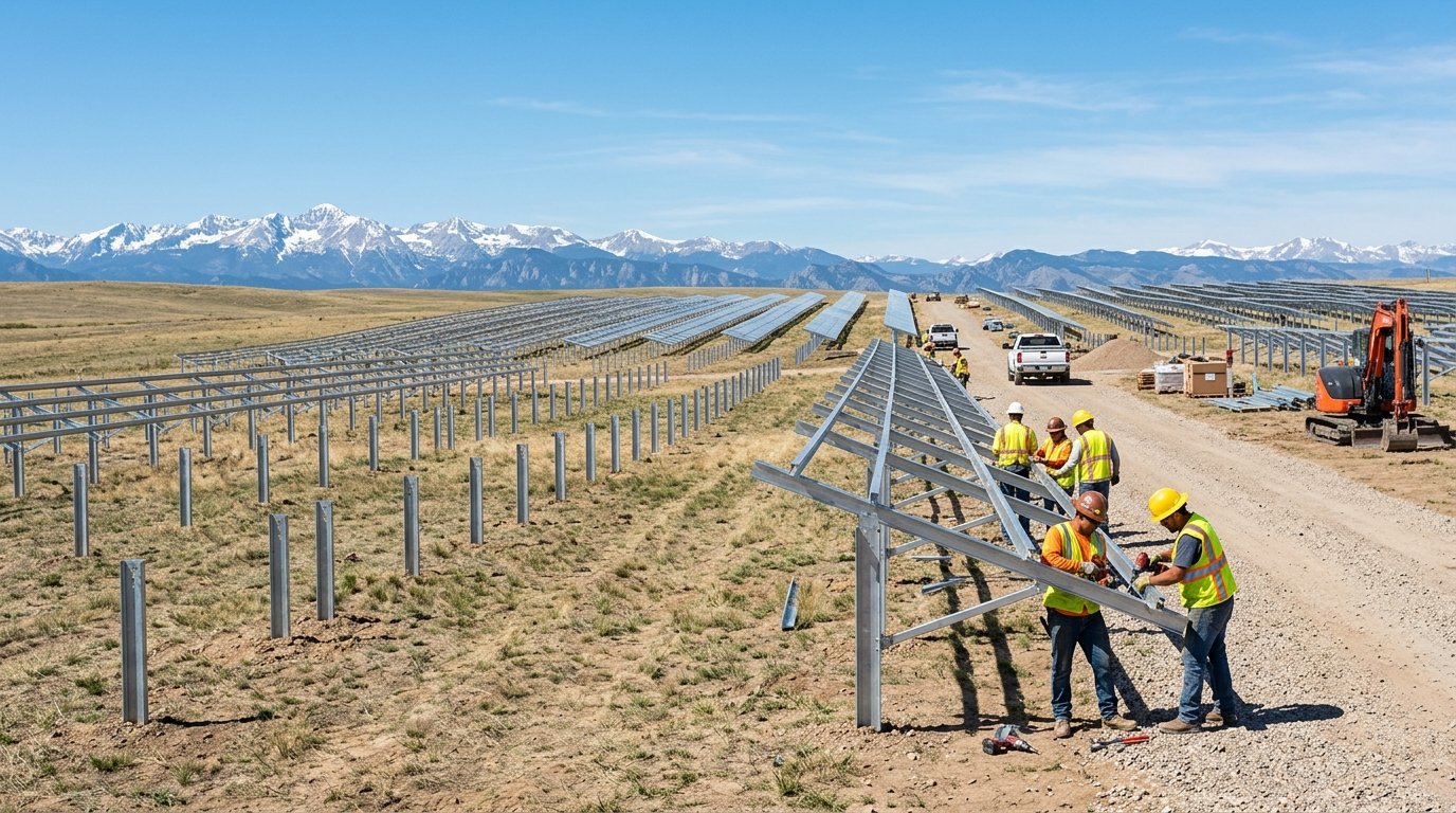 Commercial solar array under construction on a Colorado business site with racking partly installed and mountains in the distance