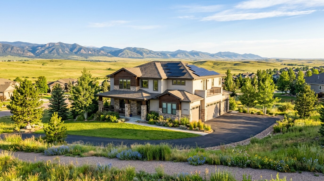 Rooftop solar array on a suburban Douglas County Colorado home with open prairie and a clear sky in the background