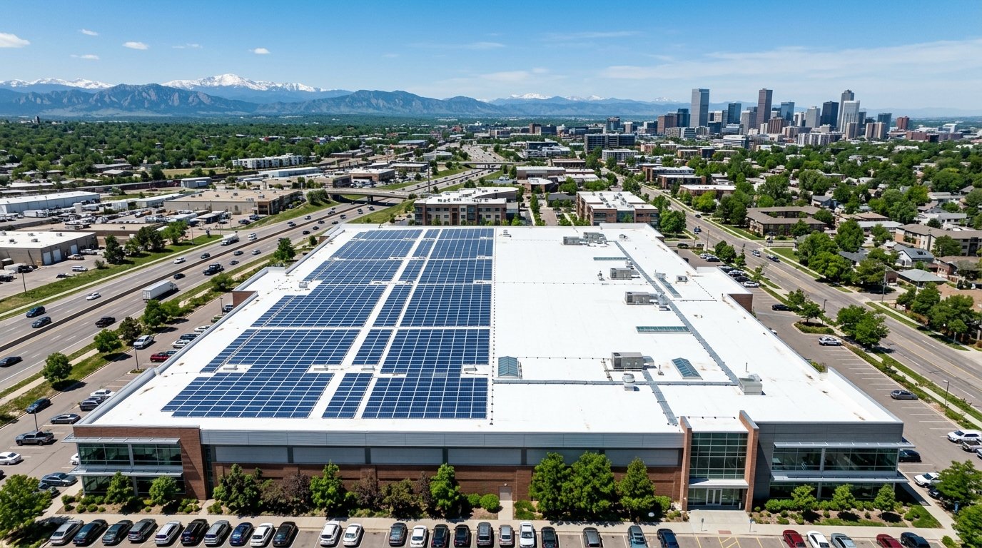 Aerial view of a large flat commercial rooftop in Denver Colorado covered with solar panels under a clear sky
