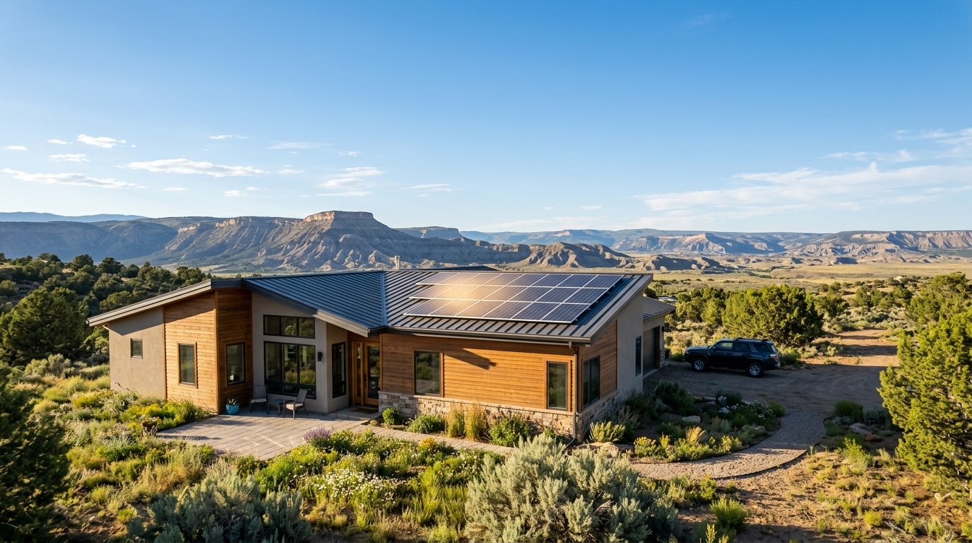 Rooftop solar panels on a Western Slope Colorado home near Montrose with the Uncompahgre Plateau and high desert mesas in the background under a clear sky