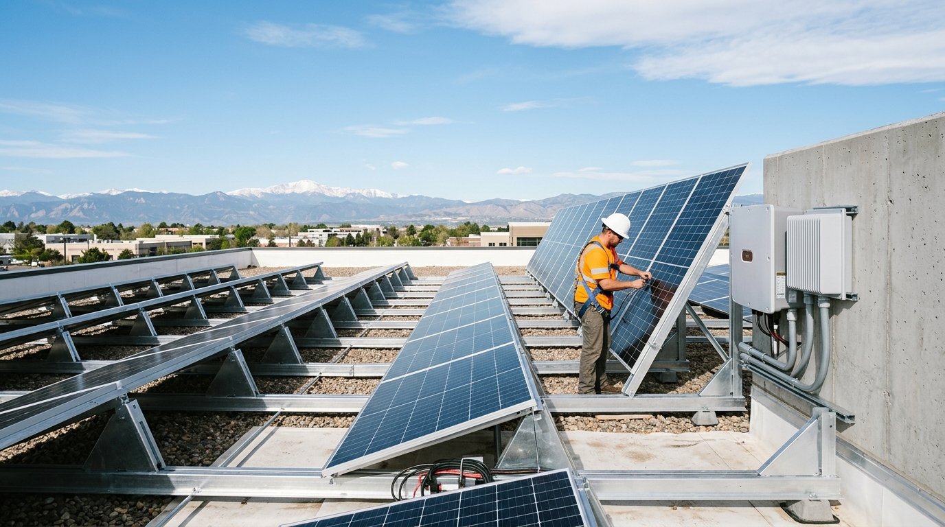 American made solar panels and inverters being installed on a Colorado commercial rooftop under a clear blue sky