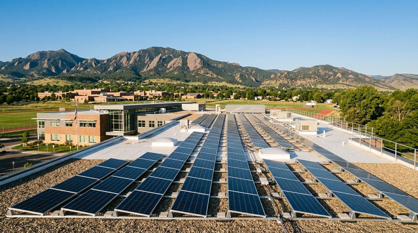 Solar panels on the flat roof of a Colorado public school building under a clear blue Front Range sky