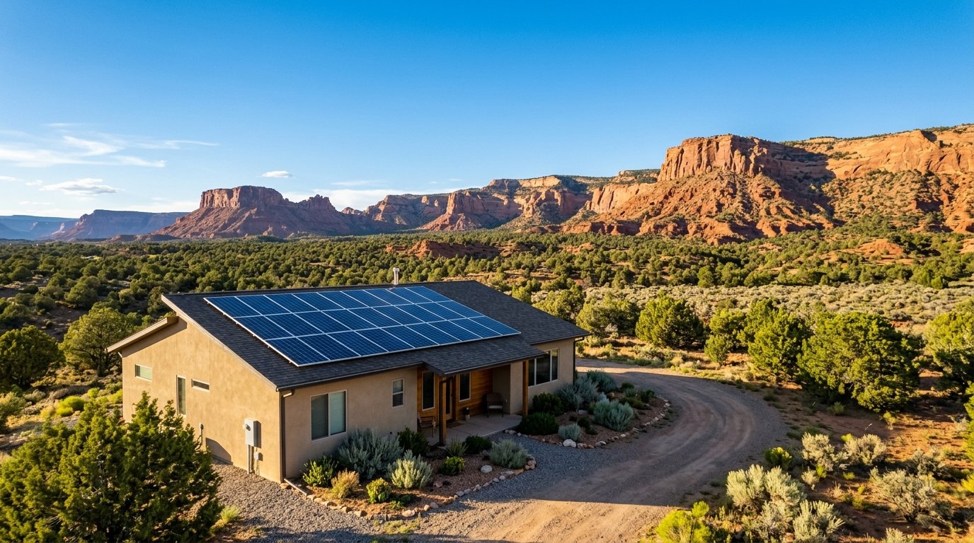 Rooftop solar panels on a southwest Colorado home near Cortez with red rock mesa landscape in bright daylight