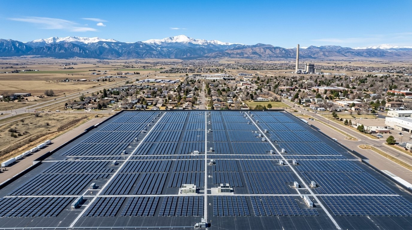 Aerial view of a commercial solar array on an industrial rooftop in a Colorado town near former coal infrastructure under a bright sky