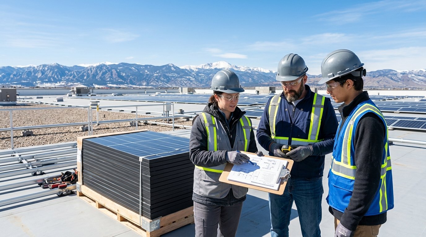 Commercial solar array on a Colorado warehouse roof under a clear blue sky with the Front Range in the distance