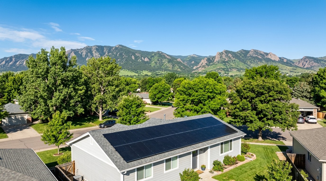 Rooftop solar panels on a home in Fort Collins Colorado with the Front Range foothills in the background under a clear sky