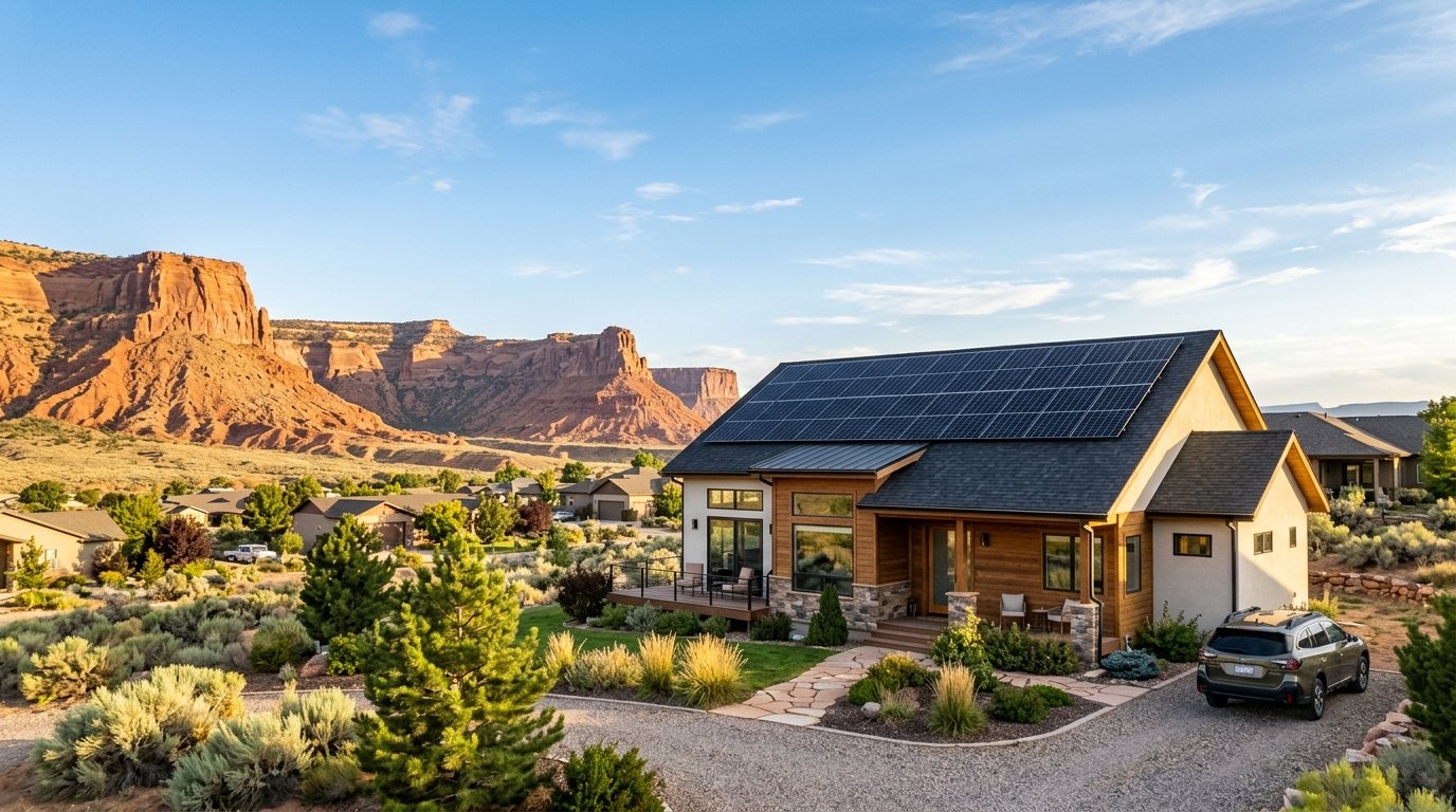 Rooftop solar panels on a Grand Junction home with the Colorado National Monument cliffs in the background under clear sky