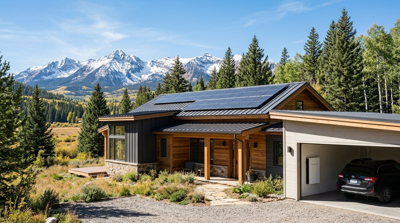 Mountain home near Crested Butte Colorado with rooftop solar panels and snow capped peaks in the background