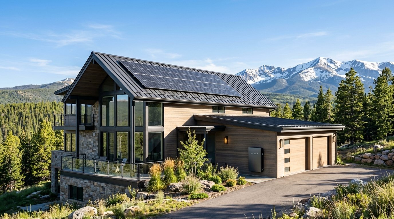 Modern mountain home with rooftop solar panels and a wall mounted home battery in a snowy Colorado high country setting