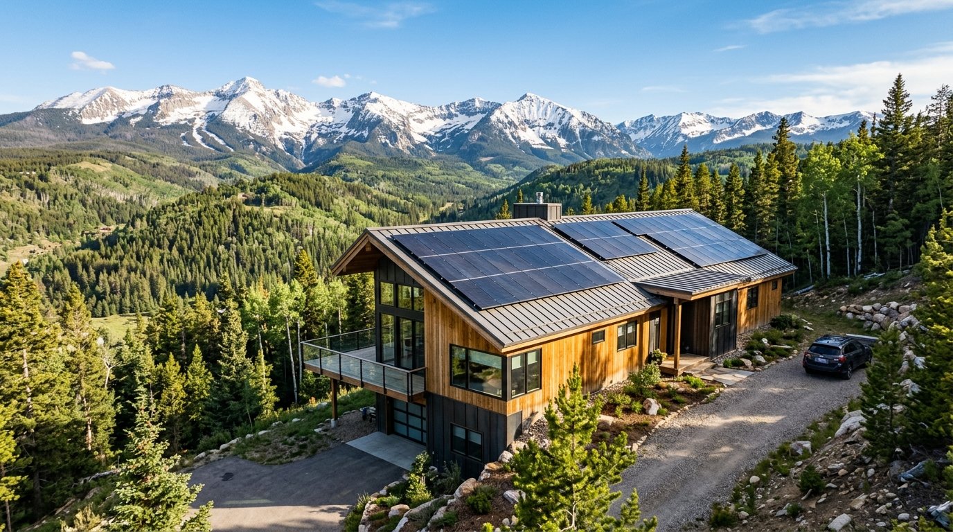Rooftop solar panels on a mountain home in Holy Cross Energy territory in the Colorado high country with bright blue sky