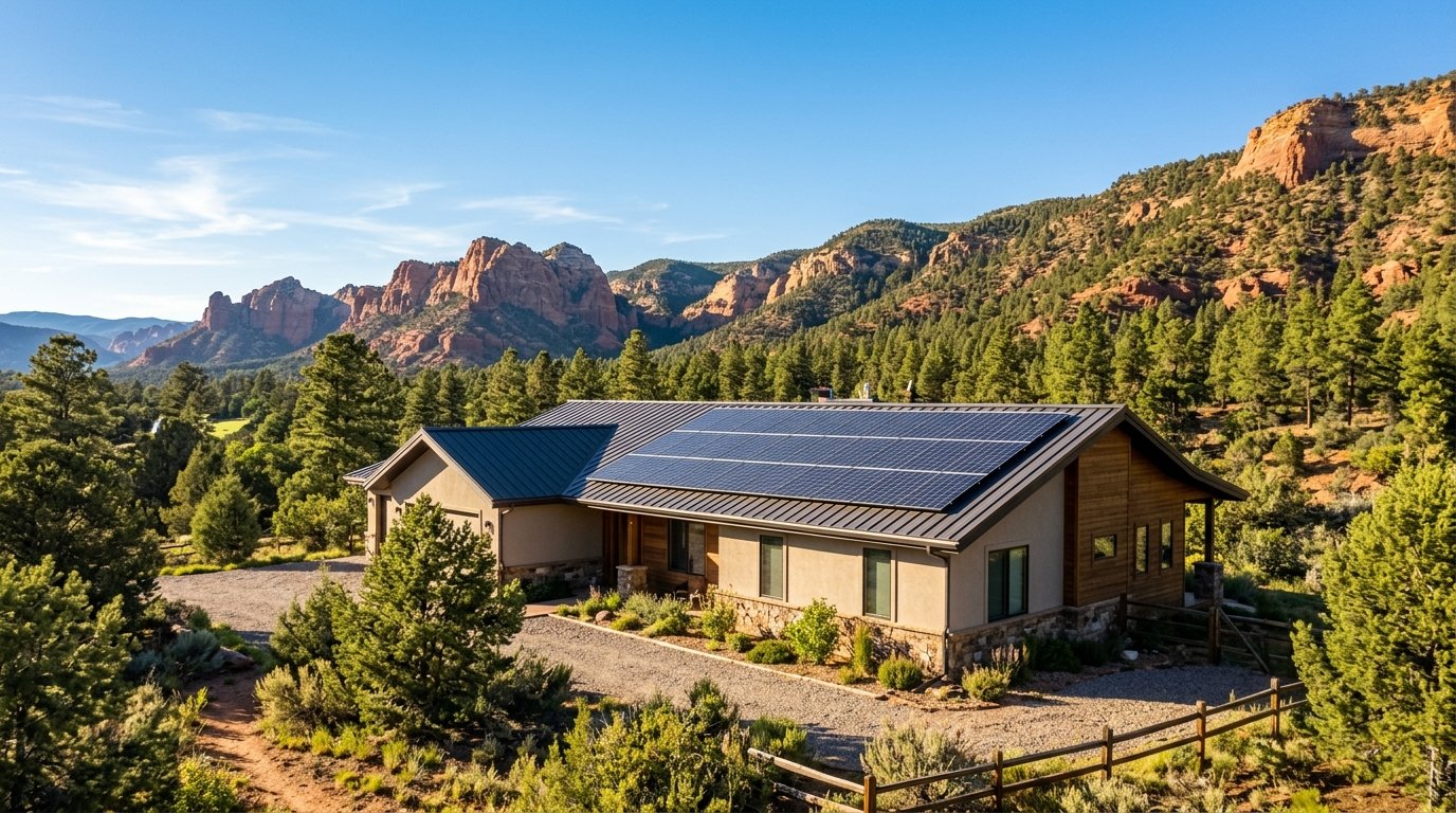 Rooftop solar panels on a southwest Colorado home near Durango with mountain foothills in the background