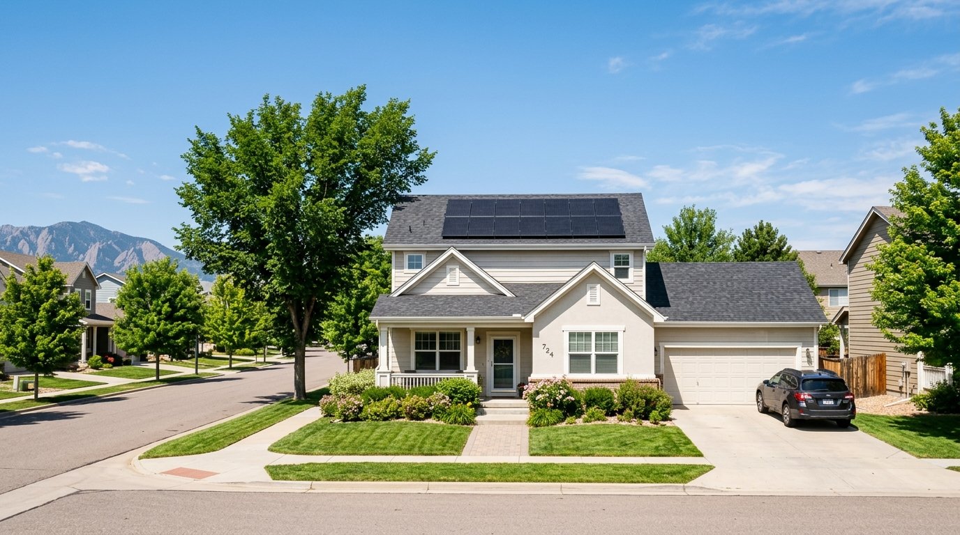 Modern Longmont Colorado home with rooftop solar panels and the Front Range foothills in the background under a bright blue sky