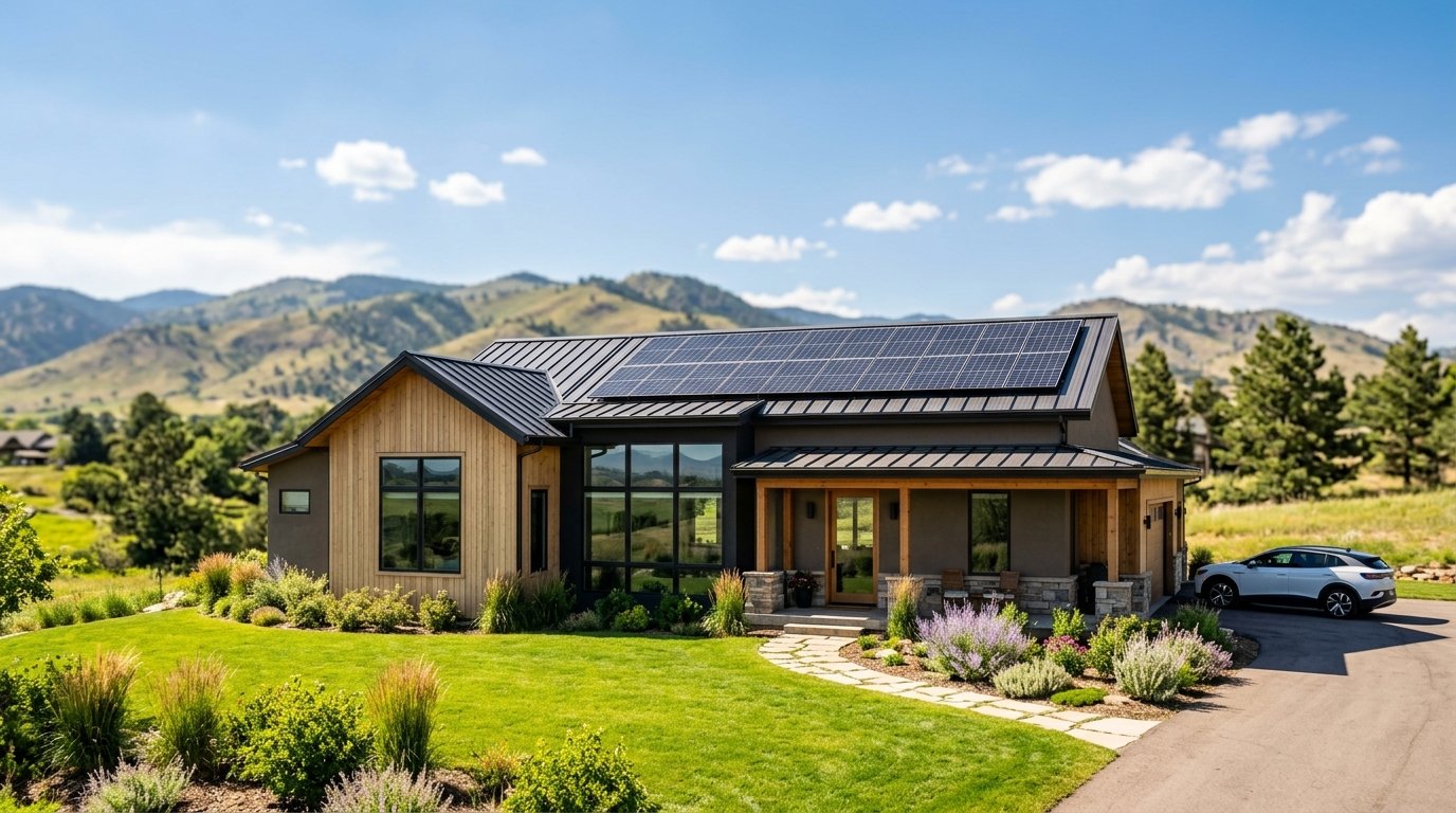 Modern Loveland Colorado home with rooftop solar panels on a clear day with the Front Range foothills in the background