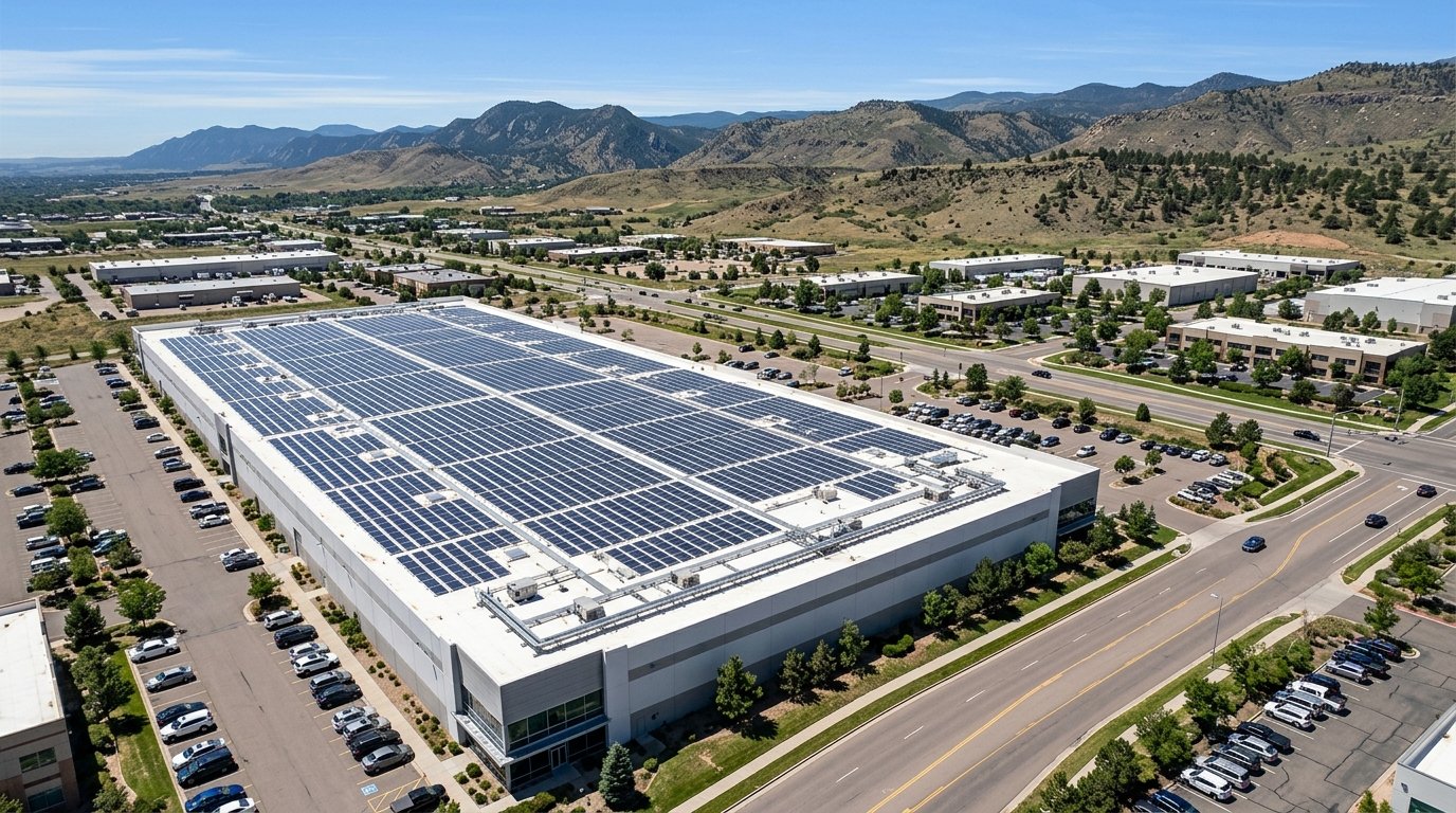 Commercial rooftop solar array on a Colorado Front Range business with bright blue sky overhead