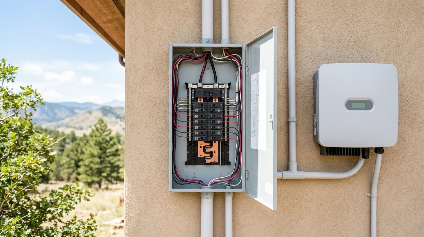 Open residential electrical service panel beside a new solar inverter on a Colorado home exterior wall