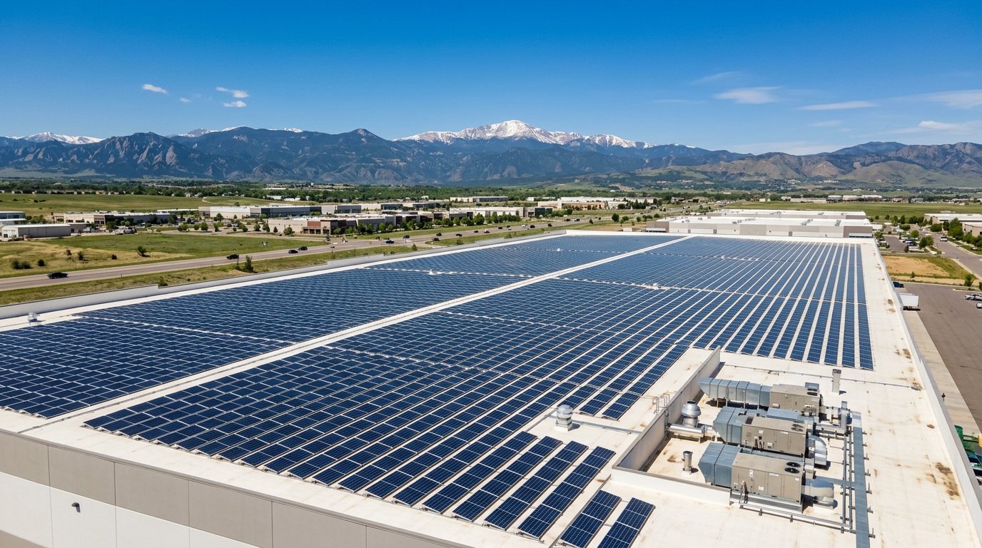 Front Range commercial rooftop solar array on a Colorado warehouse under a bright blue sky