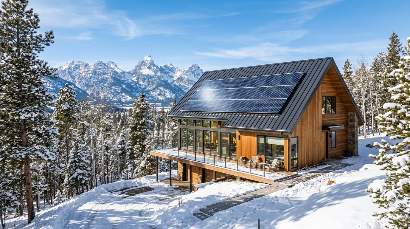 Mountain home with a steep metal roof and rooftop solar panels surrounded by snow and pine trees in the Colorado high country under a clear blue sky