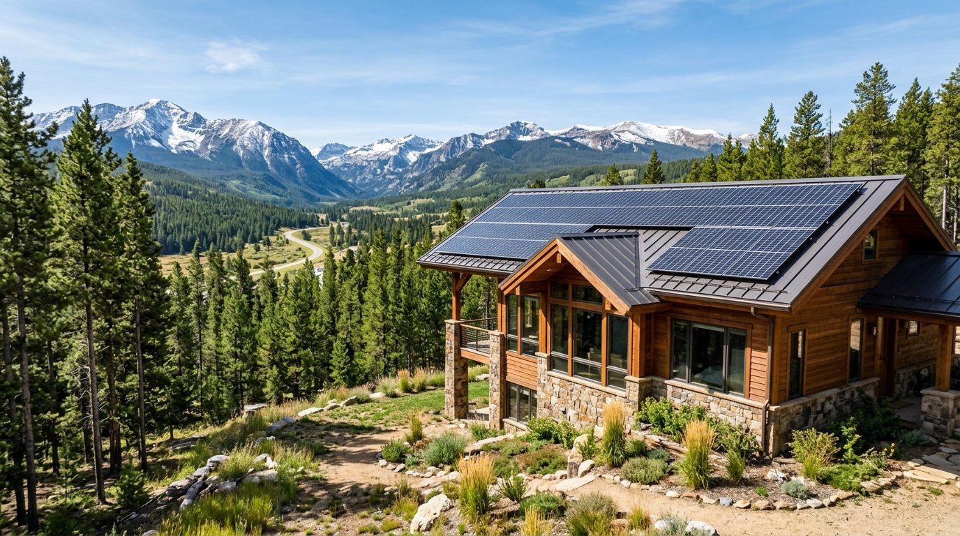 Rooftop solar panels on a mountain home near Granby Colorado with snow capped peaks in the background under clear blue sky