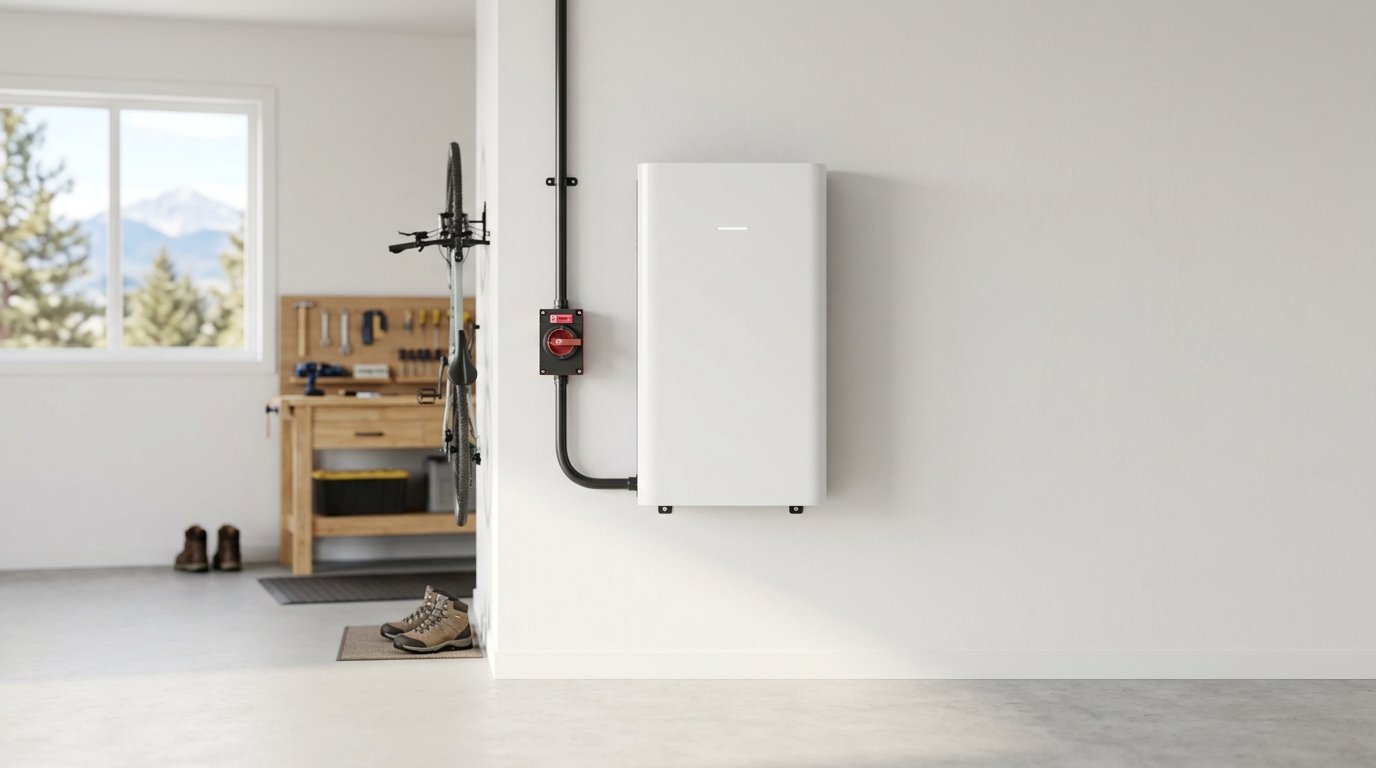 Wall mounted home battery storage system installed in a clean Colorado garage with code compliant working clearance