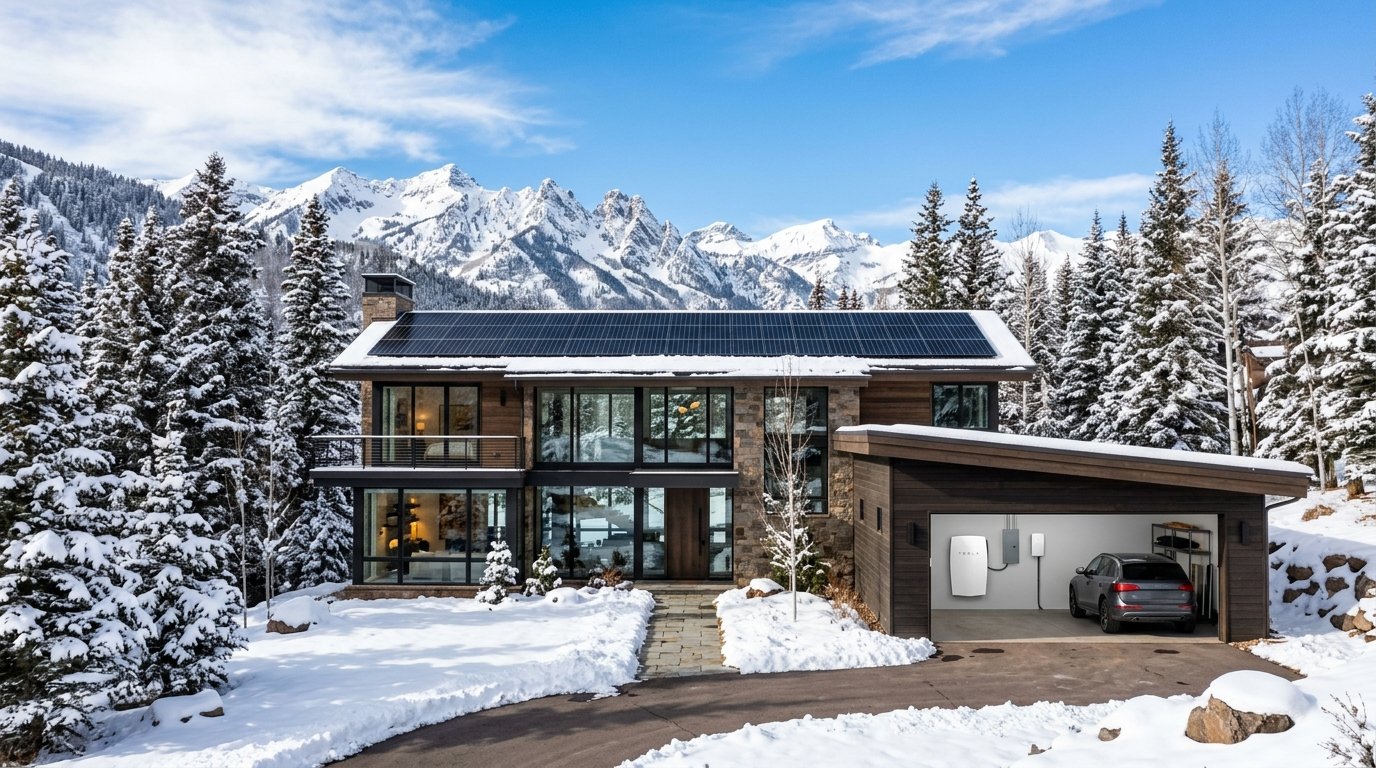 Modern luxury mountain home near Aspen Colorado with rooftop solar panels and a wall mounted battery, snow capped peaks behind
