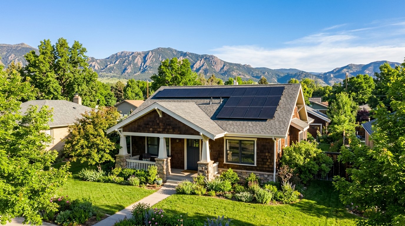 Rooftop solar array on a northern Colorado home with the Front Range foothills in the background under a clear morning sky