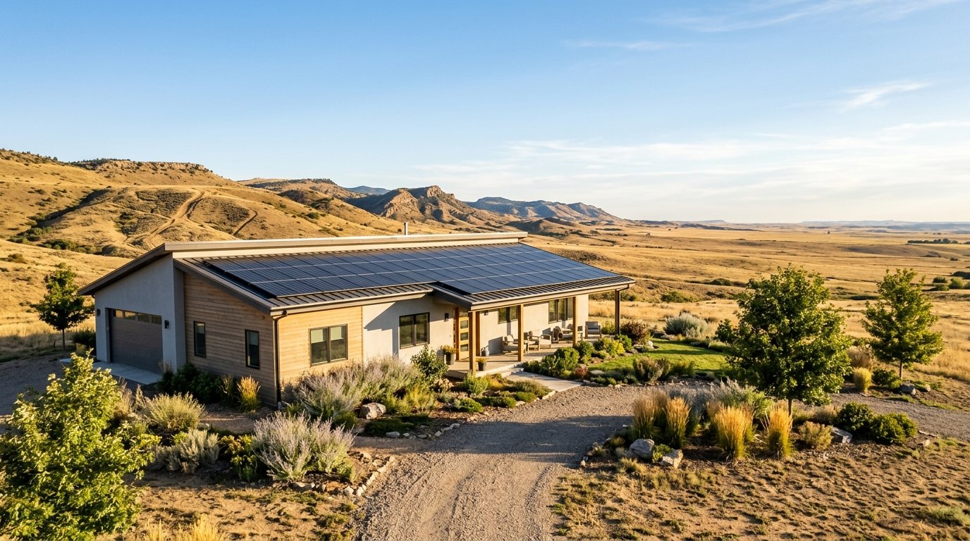 Rooftop solar array on a northern Colorado home with the Front Range foothills in the background under a clear blue sky