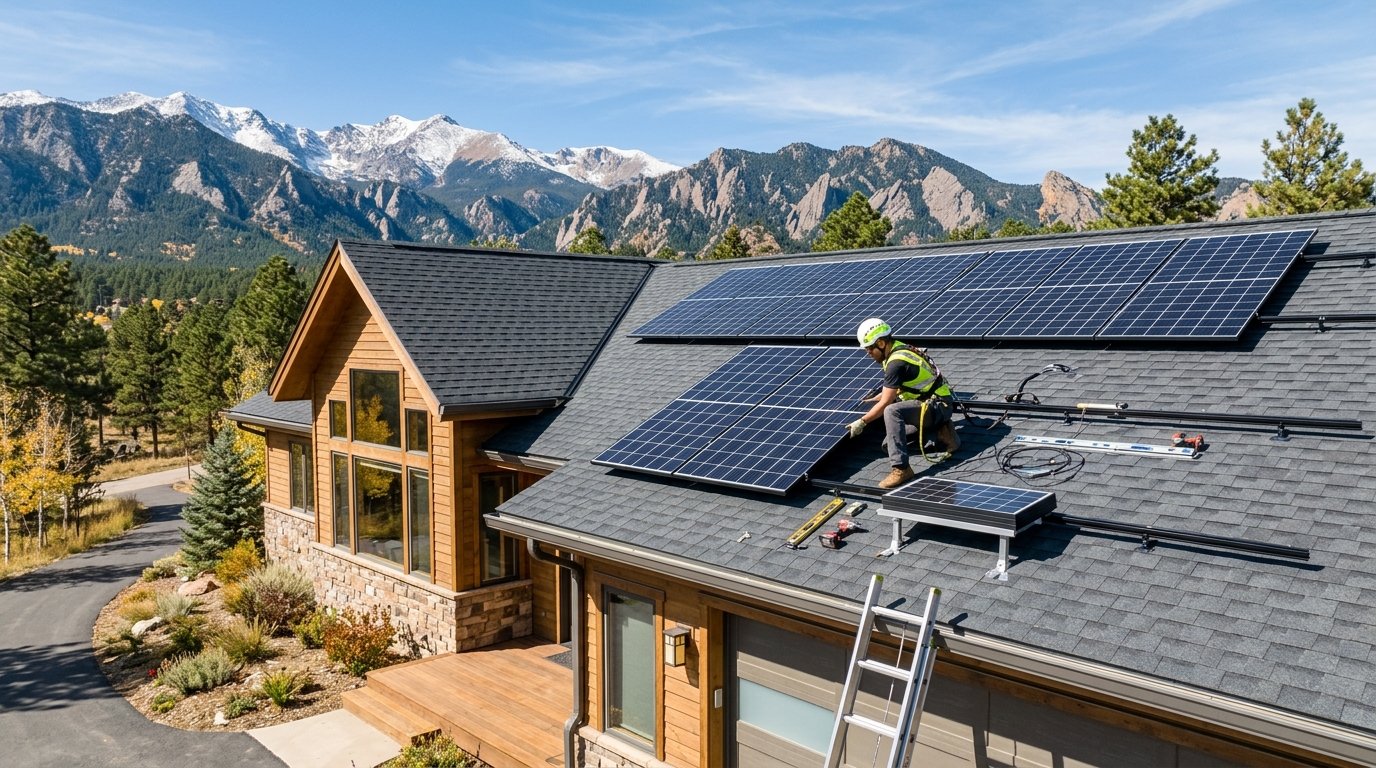 A Colorado home with a freshly installed asphalt shingle roof and solar panels being mounted by an installer under a clear sky