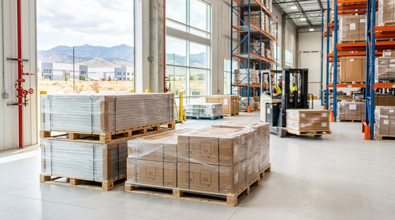 Palletized solar panels and inverters wrapped and staged in a Colorado warehouse ready for a commercial installation