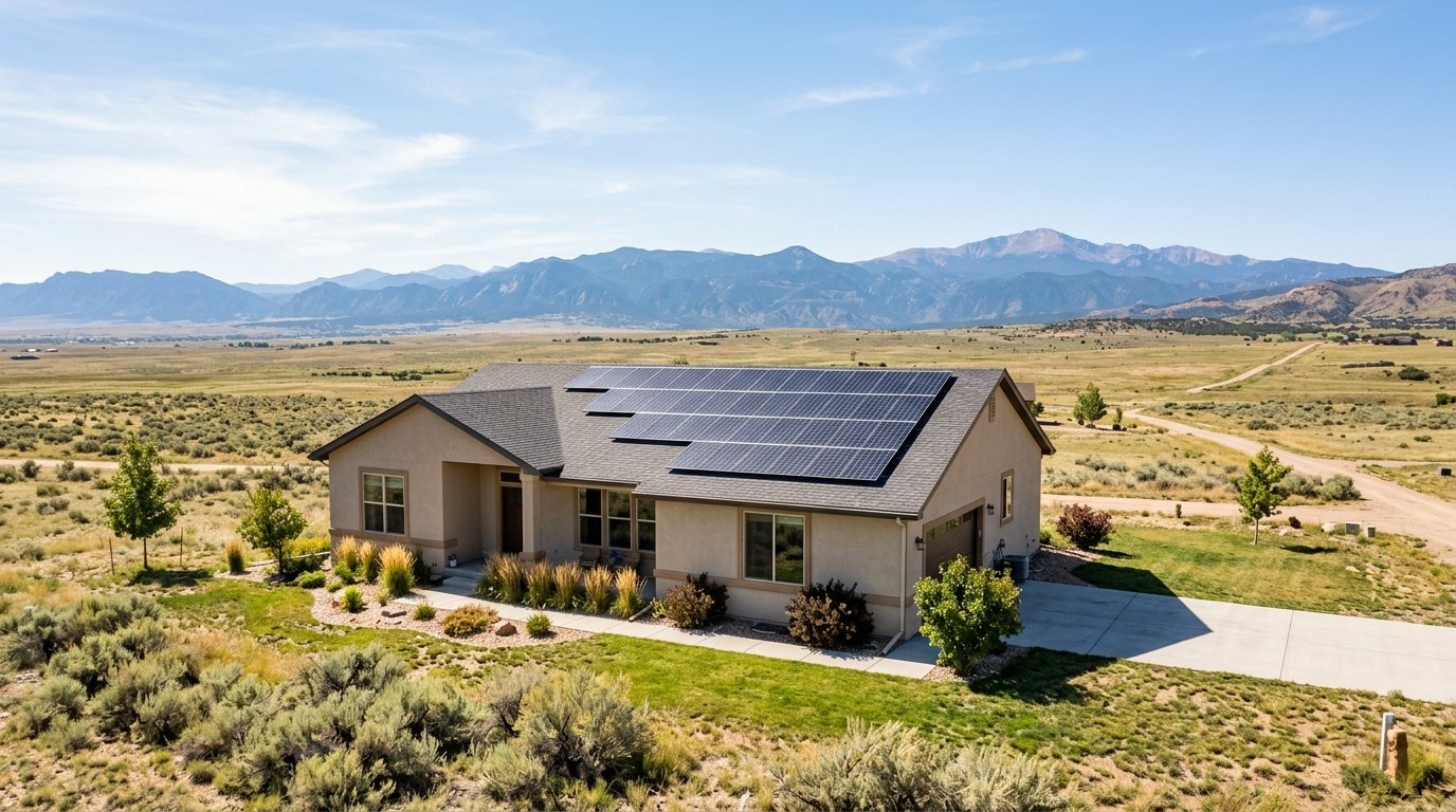 Rooftop solar panels on a single story Pueblo West Colorado home with the open southern Colorado high plains and distant mountains under a bright clear sky