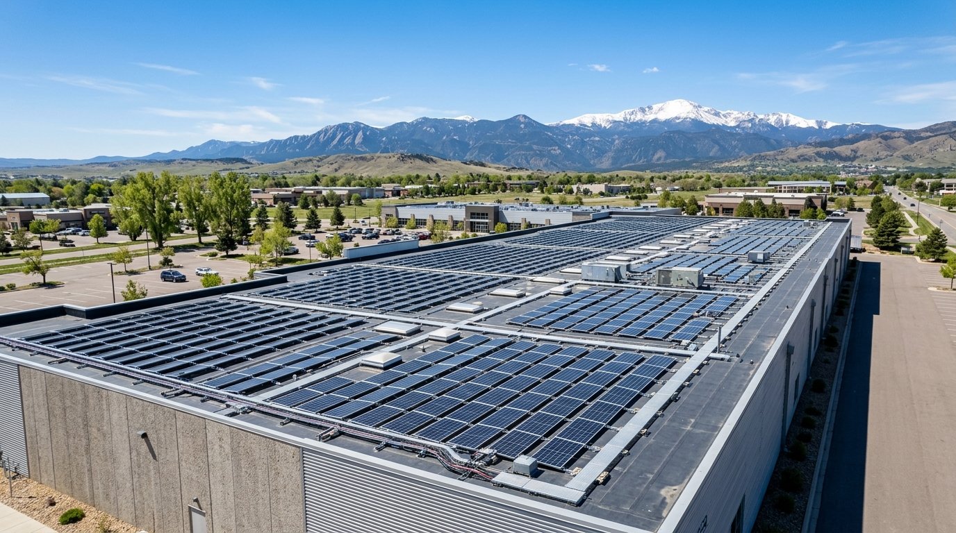 Commercial solar panel array on a Colorado business building with the Front Range in the background