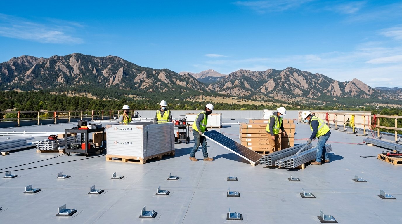 Workers staging solar panels and racking on a Colorado commercial rooftop as a project begins construction