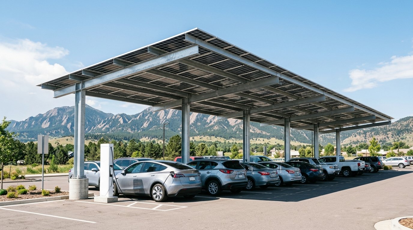 Modern steel solar carport canopy covering a business parking lot with electric vehicle chargers under a bright Colorado sky