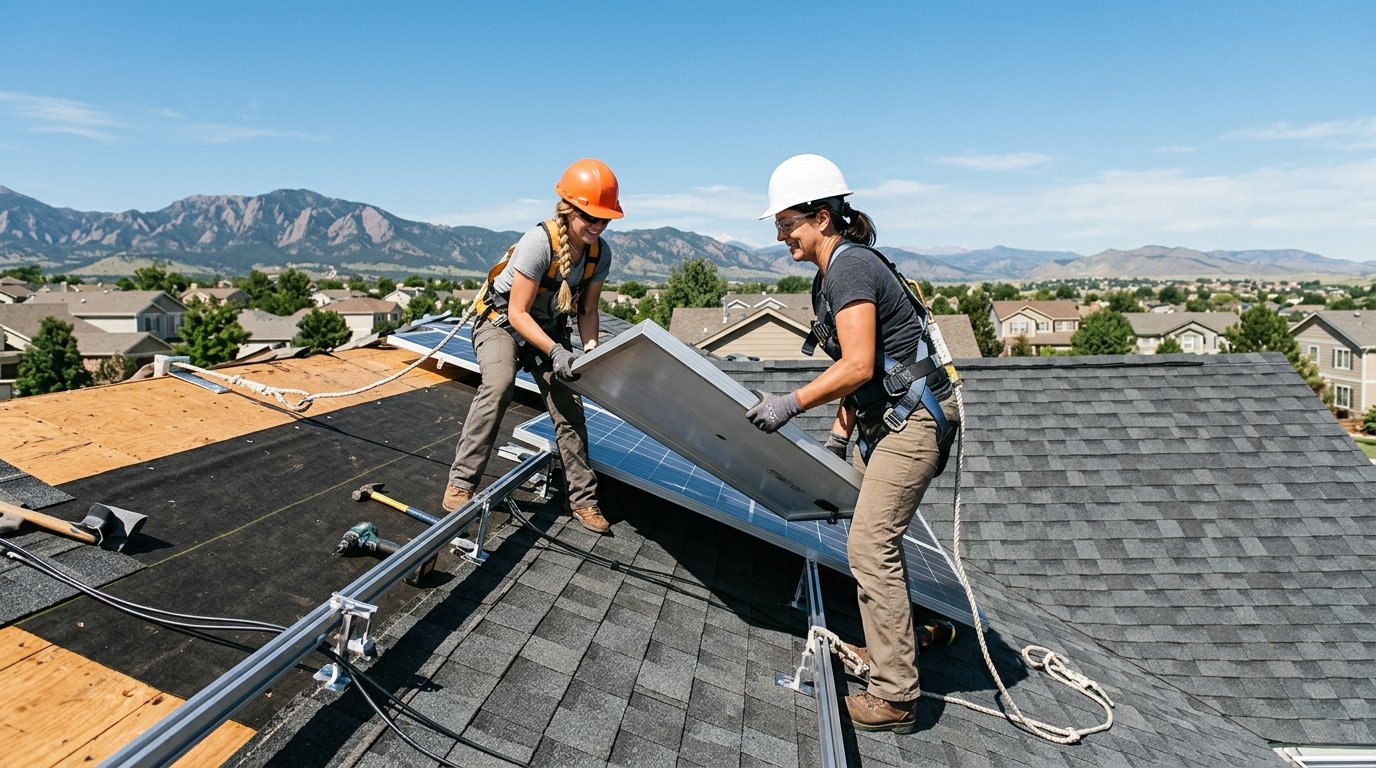 Solar technicians carefully removing roof mounted solar panels from a Colorado home so the asphalt shingle roof underneath can be replaced